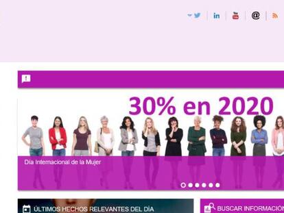 Web de la CNMV, con el color violeta predominante con motivo del Día Internacional de la Mujer.