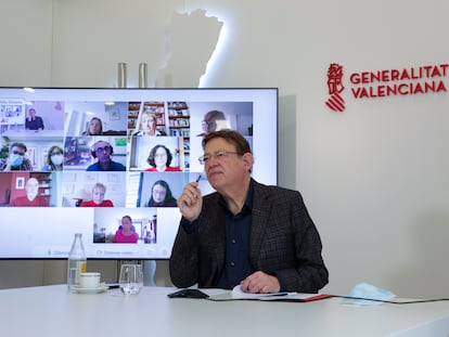 El presidente valenciano, Ximo Puig, en la reunión telemática para decidir los espacios masivos de vacunación.