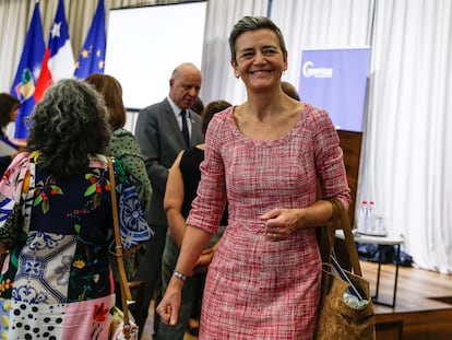 Margrethe Vestager,  vicepresidenta de la Comisión Europea para el área digital y de competencia, este sábado en Chile.