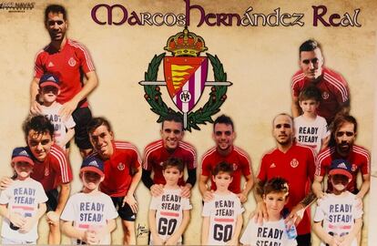 El póster realizado por David Hernández para su hijo, Marcos, con fotos con jugadores de la plantilla del Real Valladolid.