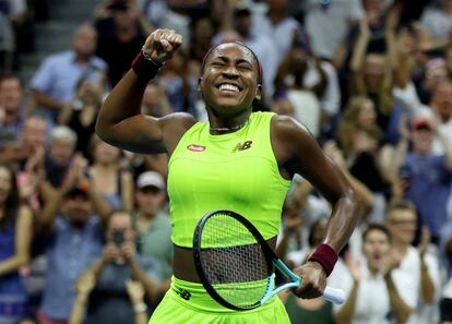 Coco Gauff of the U.S. celebrates after winning her semifinal match against Czech Republic's Karolina Muchova.