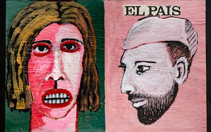 Dos de los acrílicos que Juan Martínez ha pintado sobre páginas de EL PAÍS.