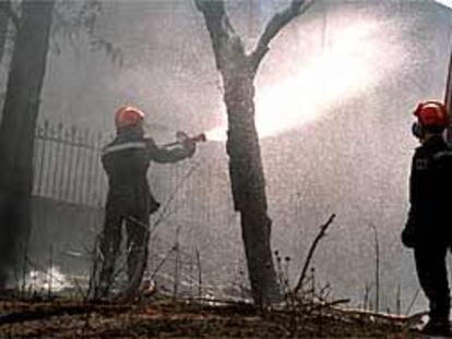 Bomberos de la Comunidad de Madrid intentan apagar el incendio de 67 hectáreas en Valdemorillo.
