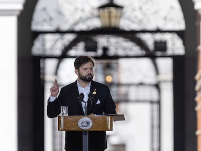 Gabriel Boric durante su discurso en la Conmemoración de los 50 años del Golpe de Estado, este lunes.