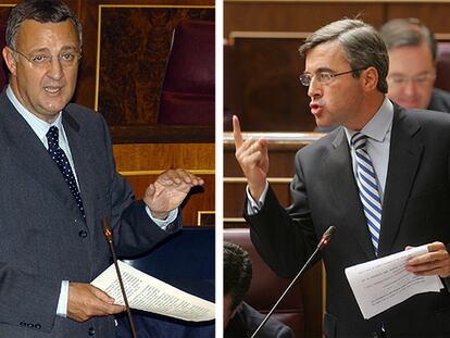El ministro de Trabajo, Jesús Caldera, y el secretario general del PP, Ángel Acebes, en la sesión de control.