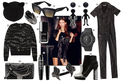 73. Eugenia Kim Sombrero de fieltro con orejas. 74. Miu Miu Gafas de sol con montura de pasta. 75. Marni Pendientes con siluetas. 76. Stradivarius Mono estilo Perfecto. 77. Topshop Anillo con piedra y strass. 78. Bershka. 79. McQ by Alexander McQueen Sudadera con print de tigre. 80. Chanel Laca de uñas “Le Vernis – Black Satin”. 81. Watx & Colors Reloj con calavera en la esfera. 82. NYX Máscara de pestañas “Doll Eye”. 83. Alexander McQueen Botín de piel con detalles metálicos. 84. Chanel Bolso de piel con ribetes acolchados y cadenas. 85. Q Pulsera con alas con strass.