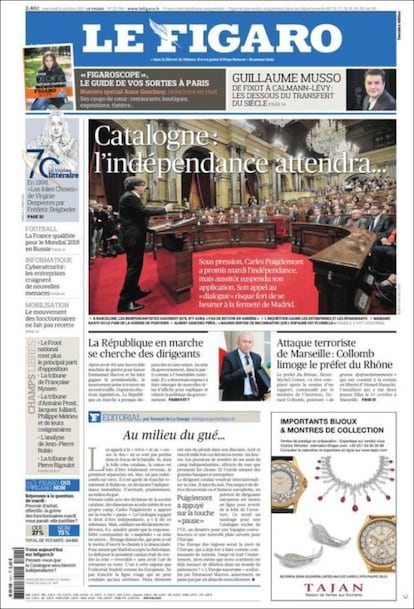 "Cataluña: La independencia esperará", titula el periódico francés 'Le Figaro'. El diario publica una foto del president Carles Puigdemont en el Palau de la Generalitat, durante el discurso que pronunció el martes. "Bajo presión, Carles Puigdemont ha anunciado la independencia, pero enseguida ha suspendido su aplicación", detalla 'Le Figaro' en el subtítulo y añade que el Govern ha apelado al diálogo con Madrid.