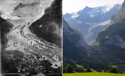 O glacial Lower Grindelwald, nos Alpes suíços, em 1865 e em 2019.