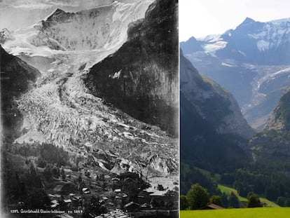 El glaciar Lower Grindelwald, en los Alpes suizos, en 1865 y en 2019.