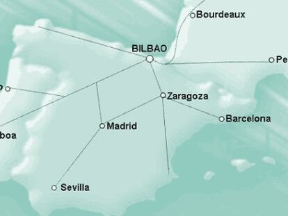 Imagen del mapa líneas ferroviarias incluido en el documento de la Spri en el que Bilbao cuenta con una parada en el trayecto Madrid-París.