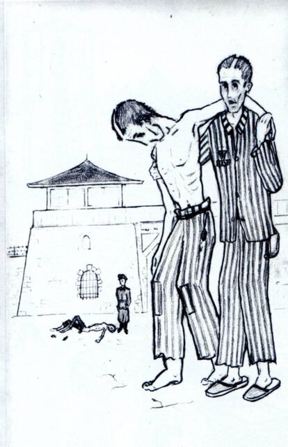Alfonso Ortells llegó con 22 años a Mauthausen junto a centenares de republicanos españoles después de que Franco pactara con Hitler que todos los españoles fueran sacados de los campos para prisioneros y fueran enviados a este campo de concentración. Años antes, al estallar la Guerra Civil en 1936, abandonó su localidad natal, Hospitalet de Llobregat, y se alistó voluntariamente en la Columna Durruti, en la que alcanzó el grado de teniente. 'Solidaridad' es uno de sus dibujos más conocidos, en él refleja la ayuda de un deportado a otro, sin fuerzas para sostenerse en pie.