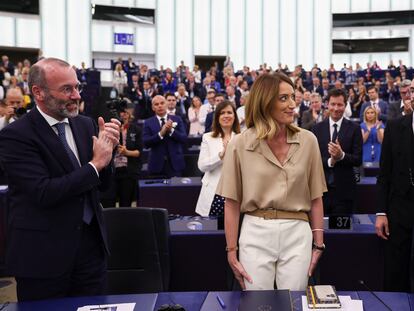 La presidenta de la Eurocámara, Roberta Metsola, tras ser reelegida al frente del Parlamento Europeo.