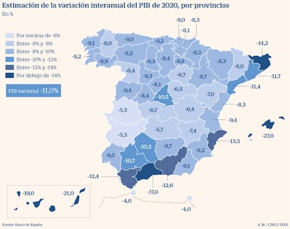 Estimación de la variación interanual del PIB de 2020, por provincias