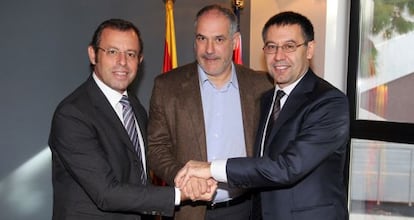 El presidente Rosell, Zubizarreta y el vicepresidente Bertomeu. 