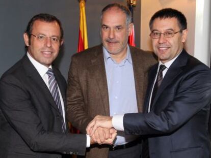 El presidente Rosell, Zubizarreta y el vicepresidente Bertomeu.