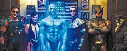 La formación de <i>Watchmen,</i> El Comediante (Jeffrey Dean Morgan) con la Espectro de Seda original (Carla Gugino), Dr. Manhattan (Billy Cudrup) al borde de la desintegración y Rorschah (Jackie Earle Haley).