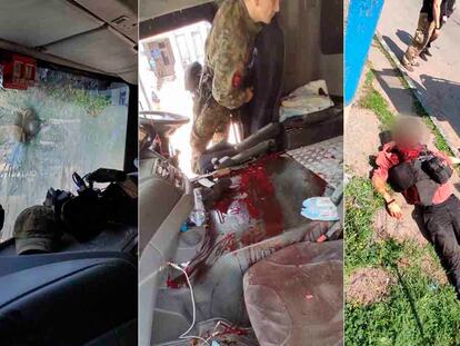 Imágenes del vehículo dañado en el que viajaba Frédéric Leclerc-Imhoff, y de su cadáver, este lunes en la provincia de Lugansk.
