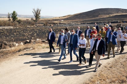 Pedro Sánchez, en el centro de la imagen, en su visita a parte de la zona afectada por los incendios en la provincia de Ávila.