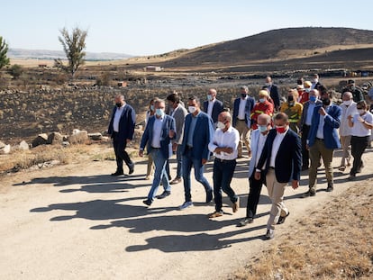 Pedro Sánchez, en el centro de la imagen, en su visita a parte de la zona afectada por los incendios en la provincia de Ávila.