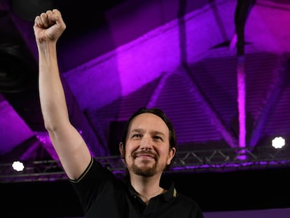 Pablo Iglesias, entonces secretario general de Podemos, durante un mitin de campaña en 2019.