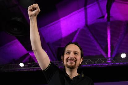 Pablo Iglesias, entonces secretario general de Podemos, durante un mitin de campaña en 2019.