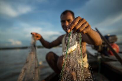 El hombre recoge sus redes y desenreda los peces que quedaron atrapados en ellas. A su regreso, irá a venderlo a Nyang U. Casi nunca se quedan el pescado en casa, pues es más rentable venderlo y comprar verduras y frutas para alimentar a su familia.