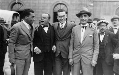 D'esquerra a dreta, de Miquel Badia, Jaume Compte, Francesc Ferrer i Deogràcies Civit, condemnats pel complot de Garraf (1925), amb motiu del seu indult (1930)