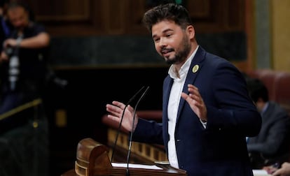 El portavoz de ERC, Gabriel Rufián,en el Congreso, en la segunda jornada del debate de investidura de Pedro Sánchez.