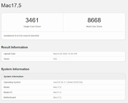 Resultados en GeekBench con el MacBook Neo de Apple