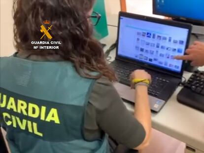 Agentes de la Guardia Civil revisan el equipo informático del detenido.