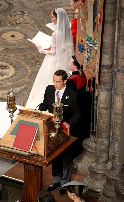 James Middleton gives a reading during the royal wedding of Prince William and Kate Middleton at Westminster Abbey on April 29, 2011 in London, England.
