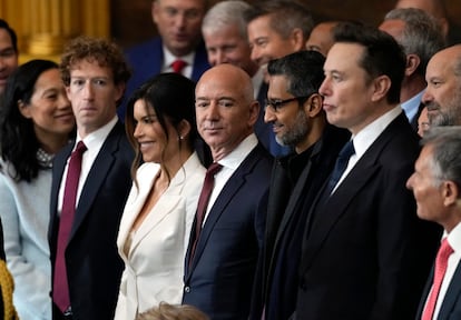 Los consejeros delegados de Meta, Jeff Zuckerberg; de Amazon, Jeff Bezos; de Google, Sundar Pichai; y el propietario de X, Elon Musk, durante la toma de posesin de Donald Trump. 