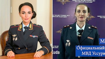 En la izquierda, la portavoz oficial del Ministerio del Interior de Rusia, Irina Volk. En la derecha, 'sketch' del canal Barakuda donde imitan a Volk.