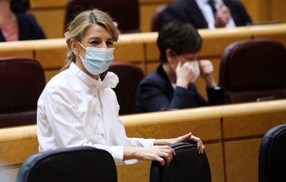 GLa ministra de Trabajo, Yolanda Díaz, durante la sesión de control al Gobierno celebrada ayer en el Senado, en Madrid.