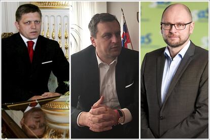 De izquierda a derecha: El líder de la formación eslovena SMER-SD, Robert Fico. En el centro de la imagen Andrej Dancko representante del partido Slovak Nacional Party. A la derecha el candidato a la presidencia de Eslovaquia con la formación Freedom and Solidarity Richard Sulik.