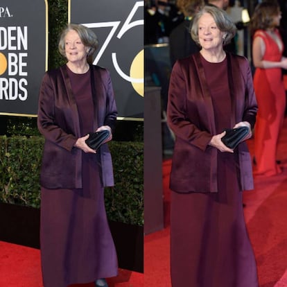 La falsa imagen de Maggie Smith saltándose el código de vestuario en los Globos de Oro (izquierda) y la imagen real de la intérprete en los premios BAFTA del año 2016.