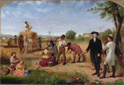 George Washington, en su granja con esclavos en el Monte Vermont, en un cuadro de Junius Brutus Stearns (1851).