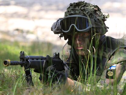 A Finnish soldier participates in the amphibious operations as part of NATO sea exercises BALTOPS 2015 in Ustka, Poland, on June 17, 2015