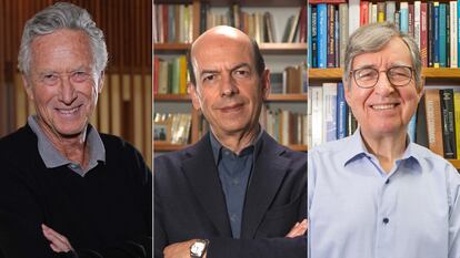 De izquierda a derecha, los economistas Olivier Blanchard, Jordi Galí y Michael Woodford, que han sido galardonados con el premio Fronteras del Conocimiento del BBVA, en imágenes cedidas por la Fundación BBVA.