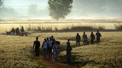 Inmigrantes se dirigen a cruzar la frontera entre Grecia y Macedonia, en agosto de 2015.