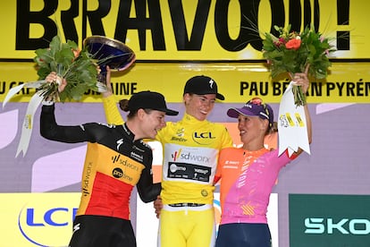 Lotte Kopecky, Demi Vollering, de amarillo, y Niewiadoma, a la derecha, en el podio final del Tour de 2023.