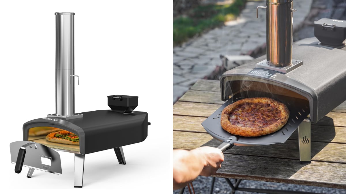 Horno de pellets para exterior con patas plegables.