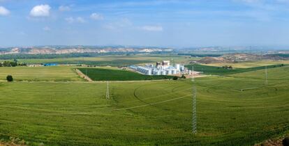 Planta de Liven Agro en Ariéstolas (Huesca) rodeada de campos de cultivo.