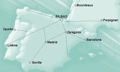 Mapa del antiguo documento de la Spri en el que Bilbao erróneamente cuenta con una parada en el trayecto ferroviario Madrid-París.