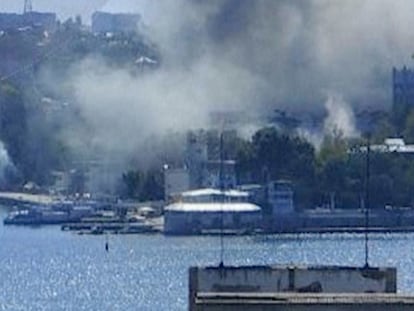 This image taken from UGC video shows smoke rising from the headquarters of Russia’s Black Sea Fleet in Sevastopol, Crimea, Friday September 22, 2023.