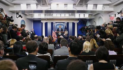 Vista general de la Sala de Prensa durante la última rueda de prensa de Obama como presidente. 

