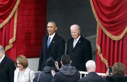 Barack Obama and Joe Biden attend the inauguration ceremonies to swear in Donald Trump as the 45th president of the United States at the U.S. Capitol in Washington