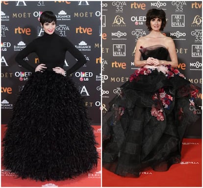 La amplia falda de plumas y la camiseta negra de cuello vuelto, diseñadas por Jorge Acuña, que eligió Paz Vega para los Goya 2017 la colocaron en los primeros puestos de las actrices mejor vestidas de la noche. El pomposo y voluminoso vestido de Marchesa de tul negro con detalles florales, palabra de honor y escote en la espalda que lució el año pasado no convenció, en cambio, a la crítica.
pomposo y voluminoso vestido de Marchesa de tul negro, palabra de honor y con un escote muy pronunciado en la espalda