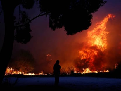 Un dels incendis al poble de Rafina (Grècia) aquest dilluns.