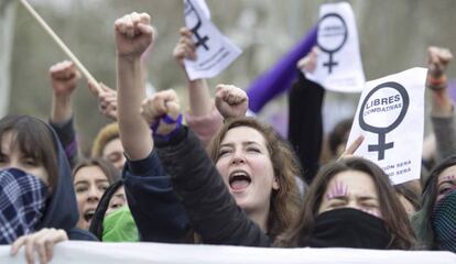 Um grupo de mulheres durante a greve feminista de 8 de março.